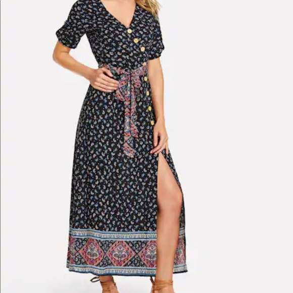 Belted Asymmetric Button Paisley Contrast Dress - Picture 2 of 4